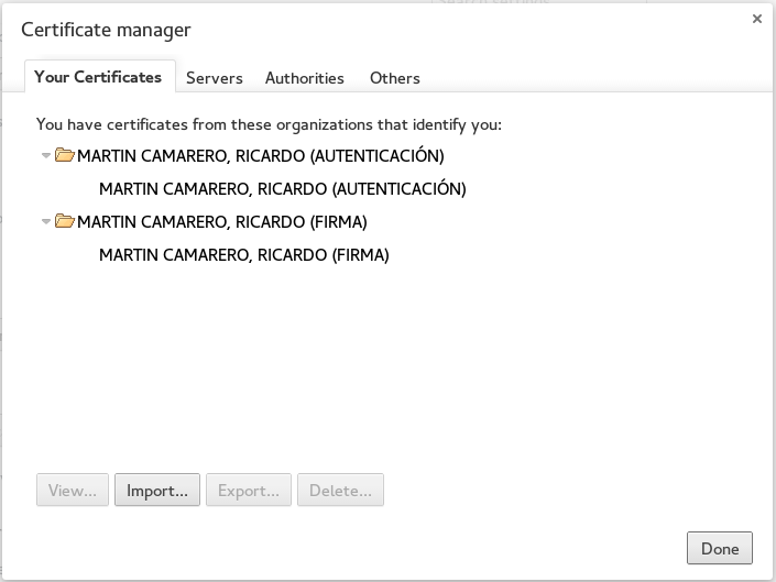 Certificates from teh DNIe displayed in chromium
